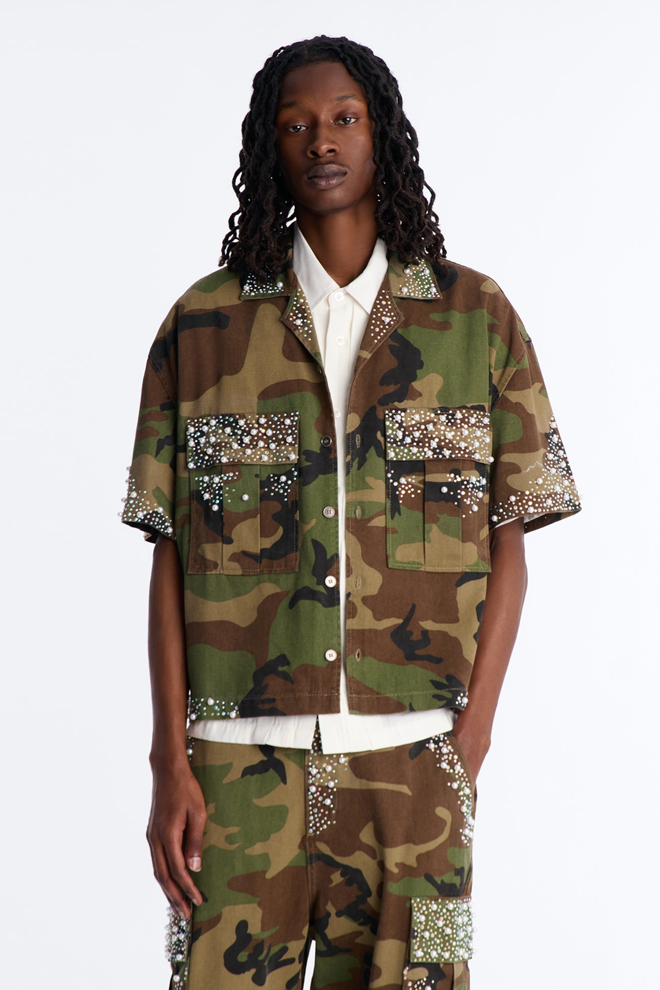 Cropped Pearl World Embellished Shirt - Camouflage Fashion Nova
