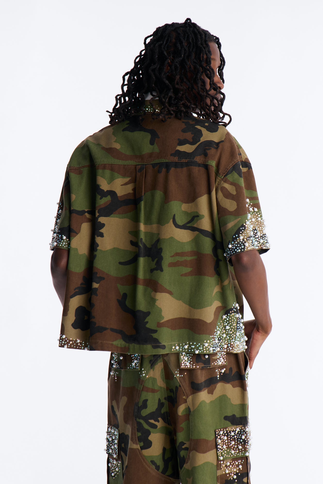 Cropped Pearl World Embellished Shirt - Camouflage Fashion Nova