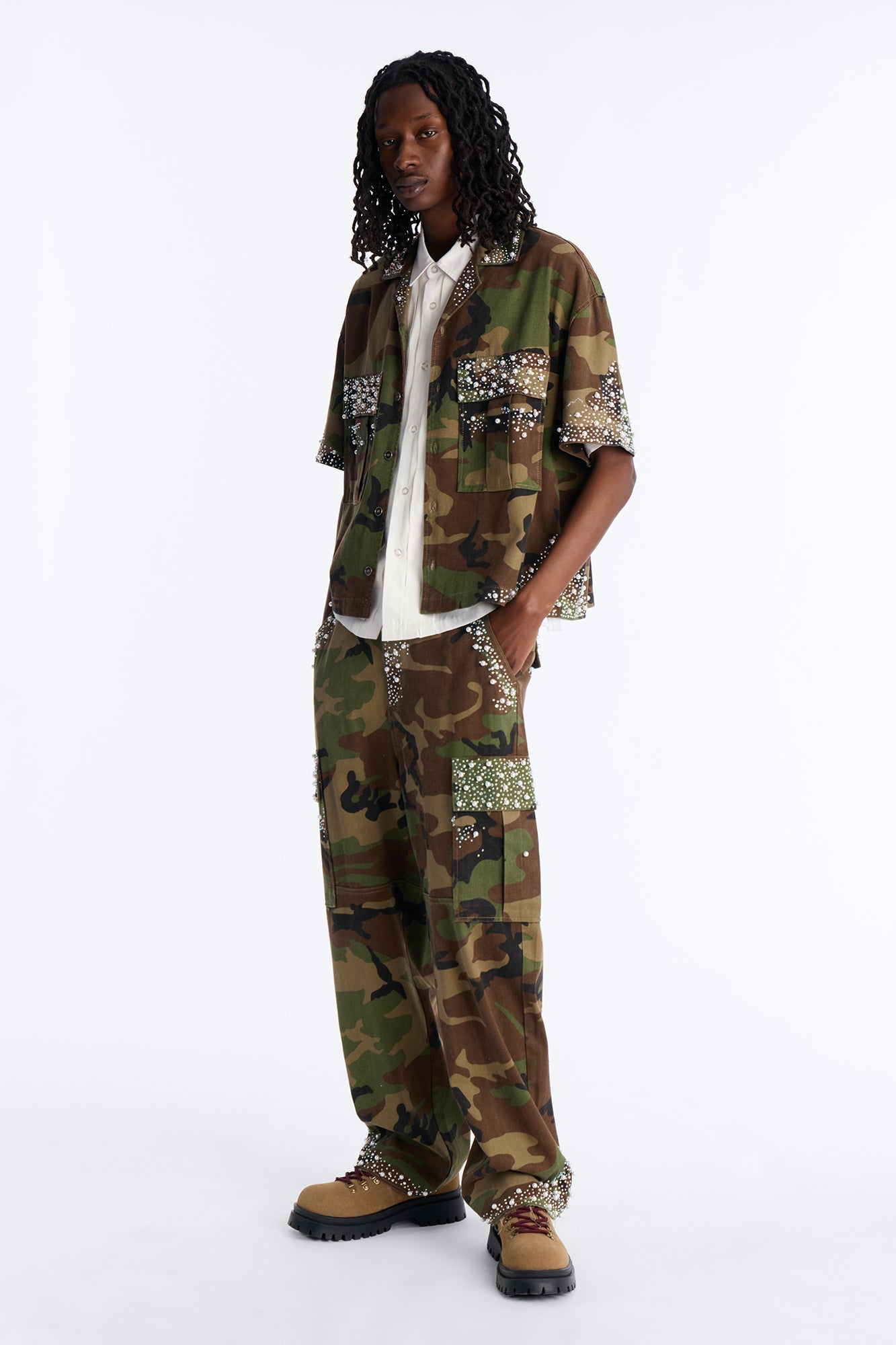Baggy Pearl World Embellished Pant - Camouflage Fashion Nova