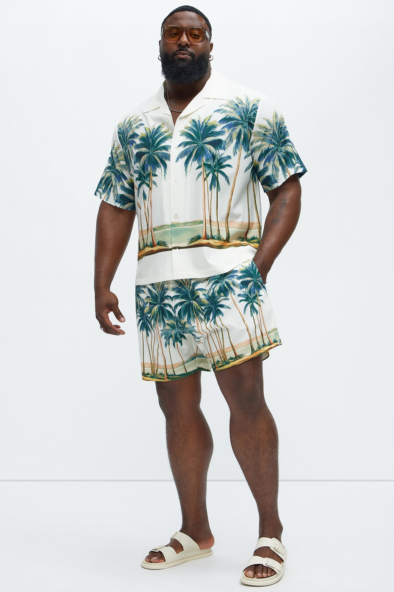Moulay Palm Printed Swim Mid Trunk - Cream/combo Fashion Nova