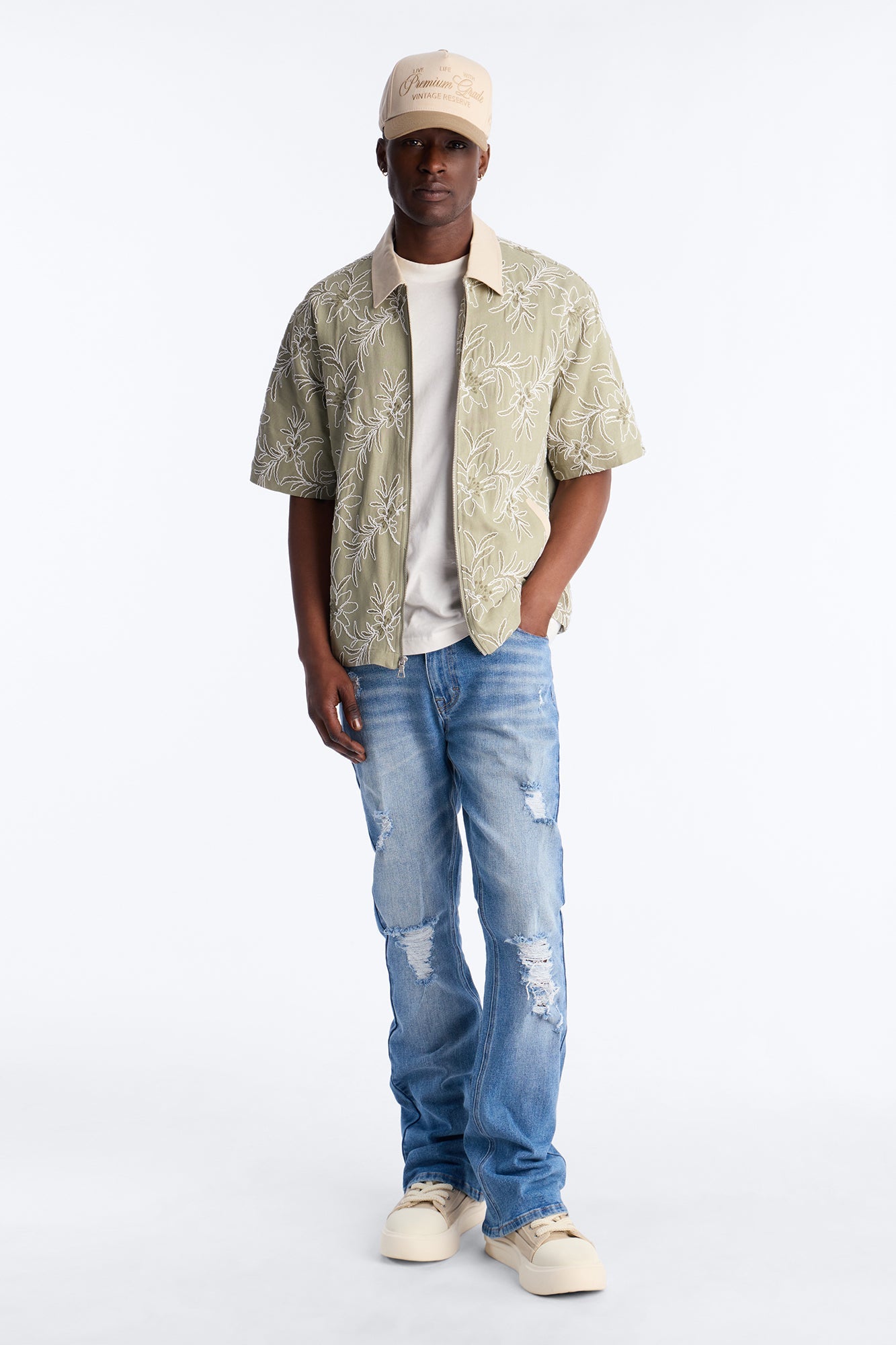 Relaxed Island Riot Embroidered Zip Shirt - Olive Fashion Nova