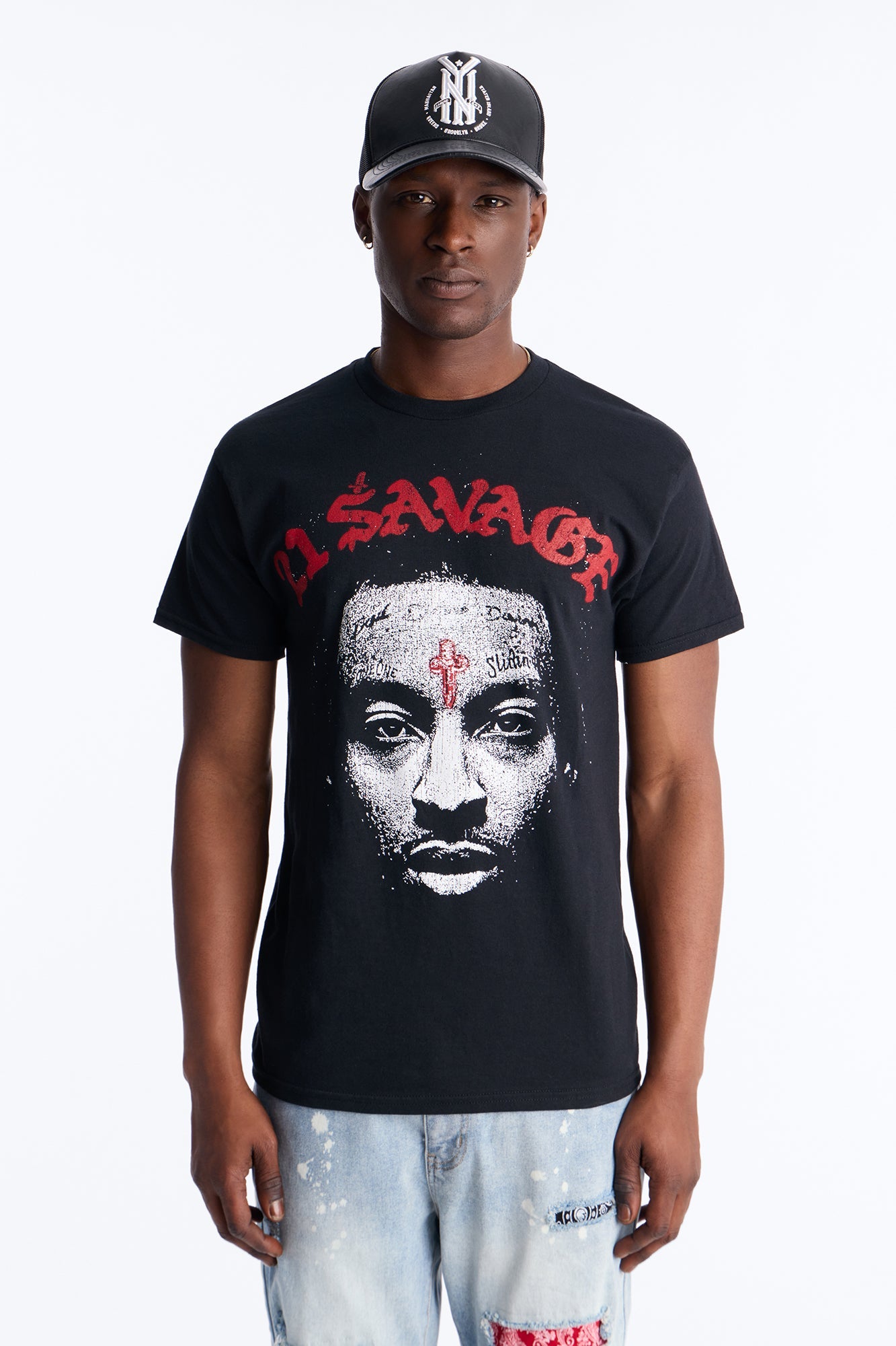 21 Savage Distressed Short Sleeve Tee - Black Fashion Nova