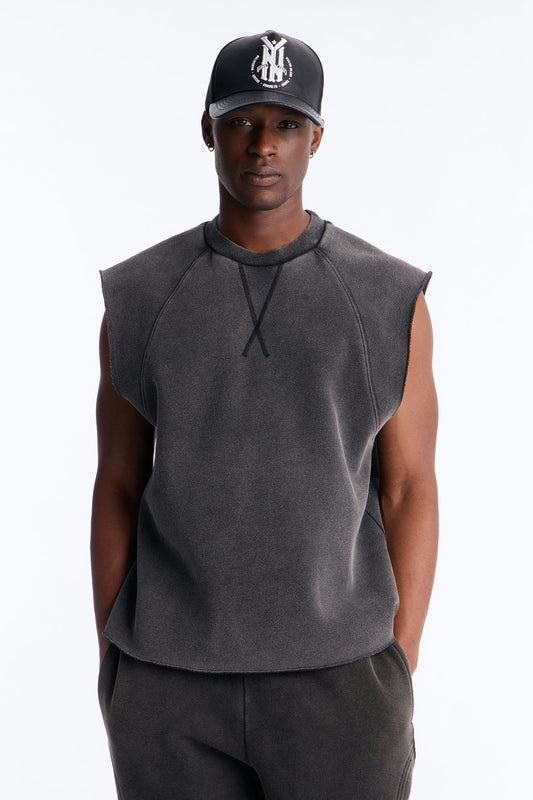 Washed Raw Edge Relaxed Muscle Tee - Black Wash Fashion Nova