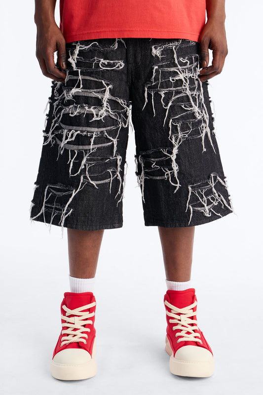 Baggy Jackson Fray Denim Short - Black Wash Fashion Nova