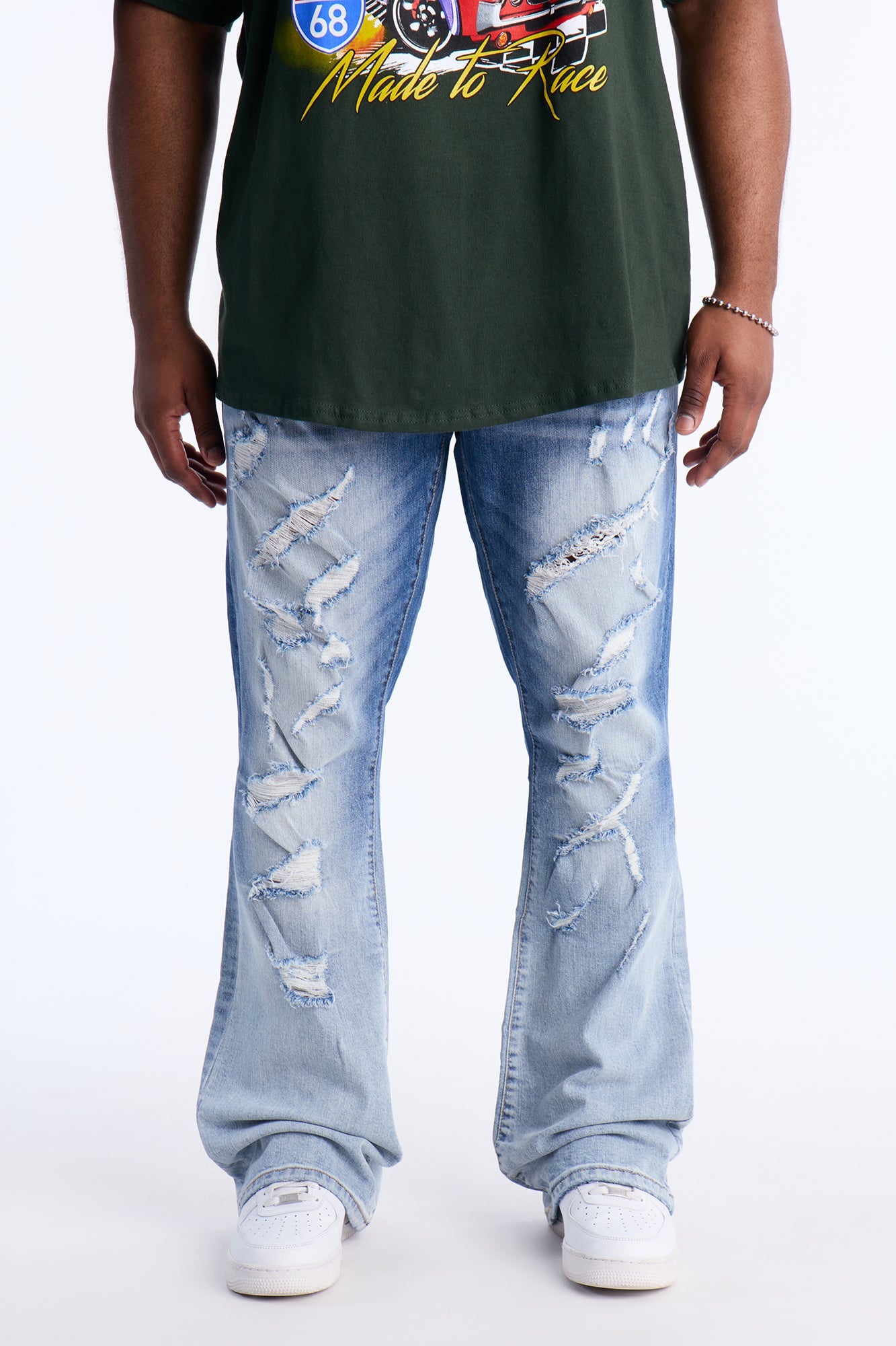 Stacked Skinny Flare Up And Destroyed Jean - Light Blue Wash Fashion Nova
