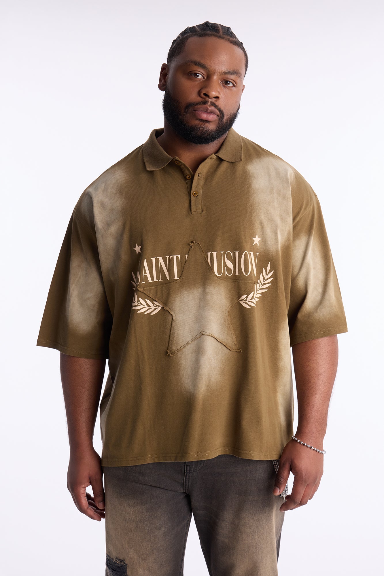 Stars And Saints illusion Short Sleeve Knit Polo - Brown Fashion Nova
