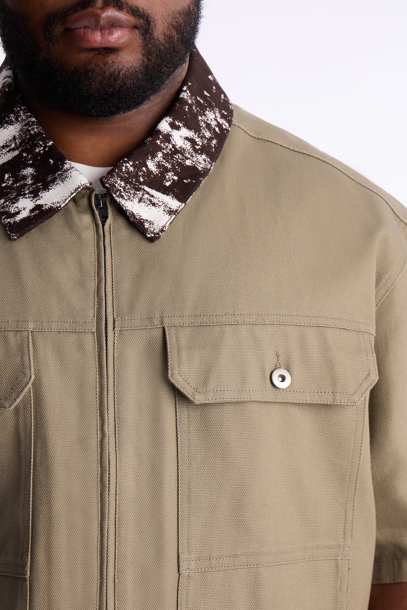 Canon Contrast Collar Zip Up Shirt - Taupe Fashion Nova