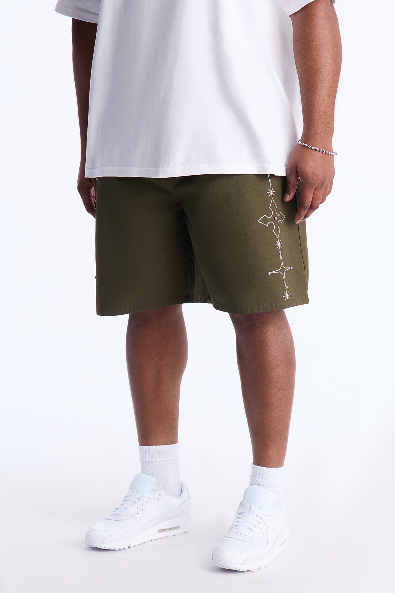 Relaxed Vatican City Stitched Embellished Short - Olive Fashion Nova