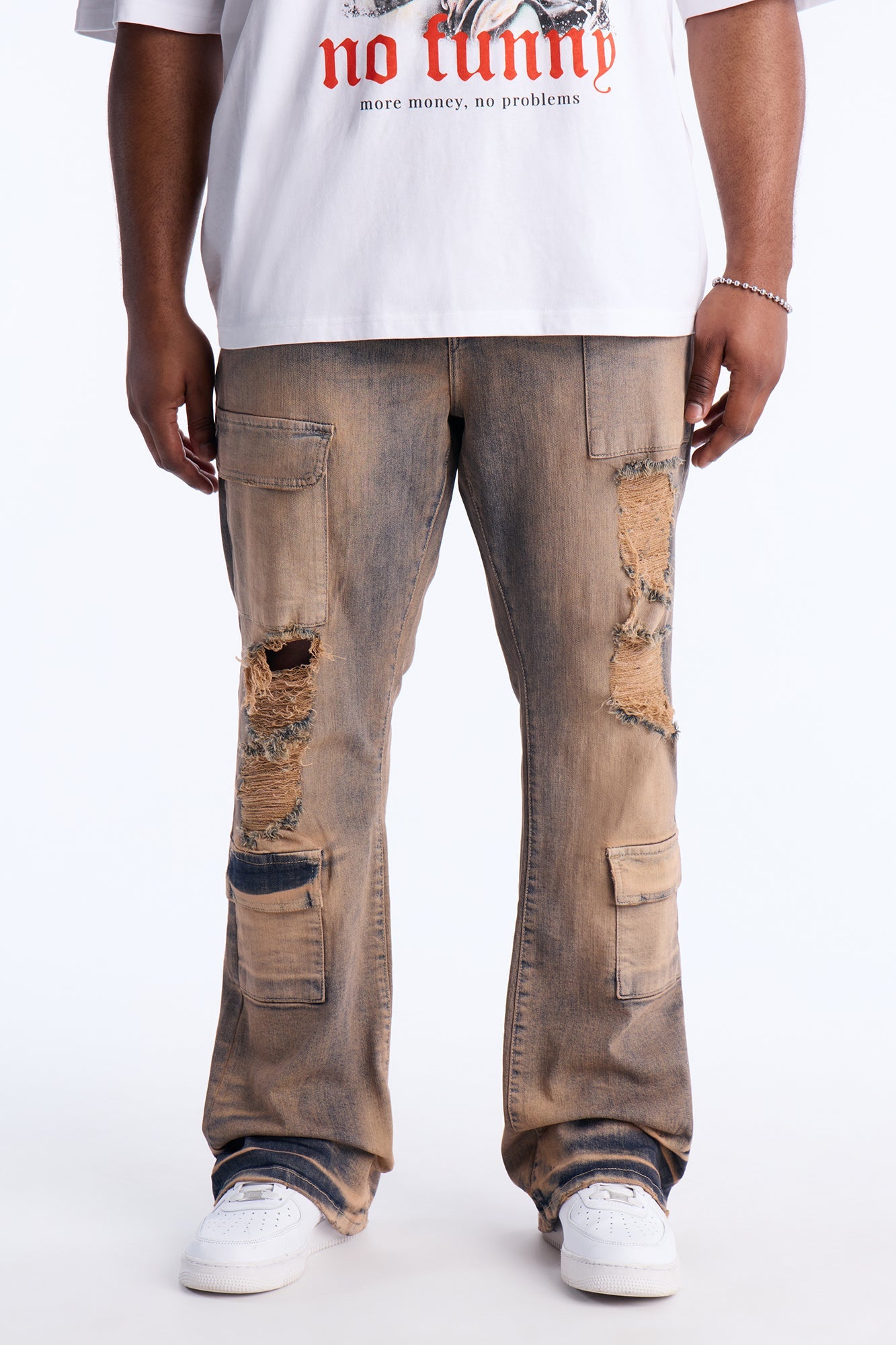 Stacked Skinny Flare No Fear Distressed Cargo Jean - Vintage Wash Fashion Nova