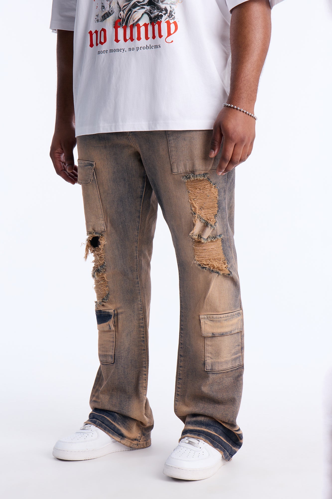 Stacked Skinny Flare No Fear Distressed Cargo Jean - Vintage Wash Fashion Nova