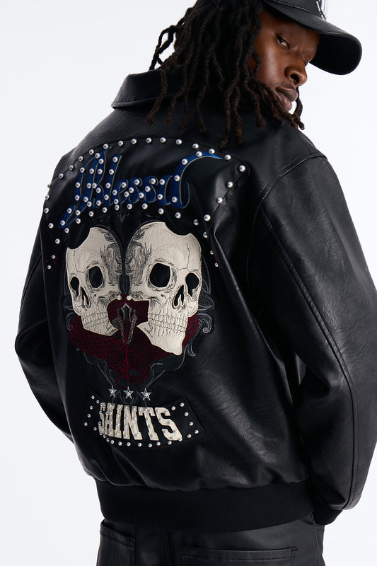 Crimson Blessed Faux Leather Studded Bomber Jacket - Black Fashion Nova