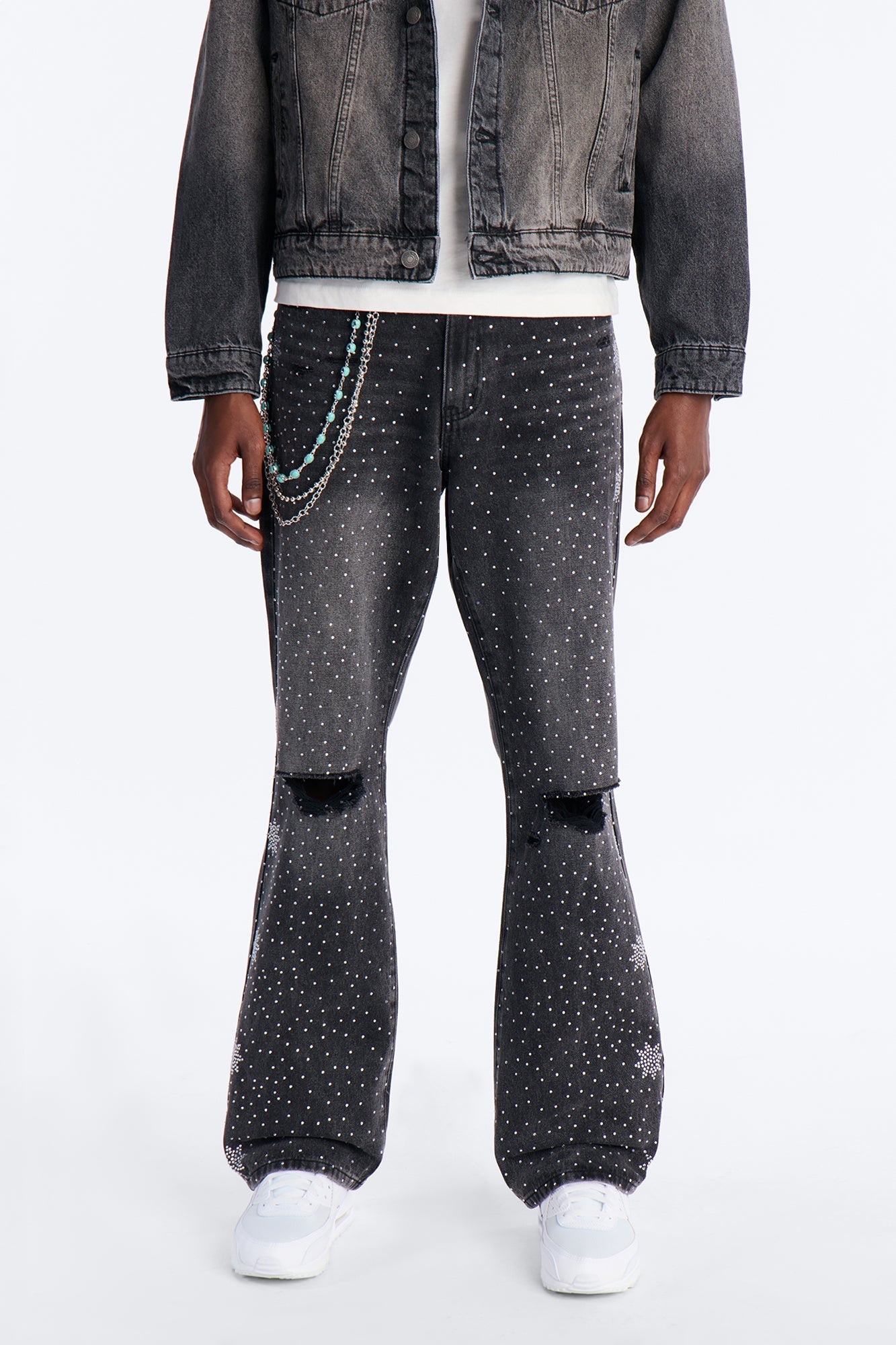 Straight Flare Static Drip Jeweled Jean - Black Wash Fashion Nova