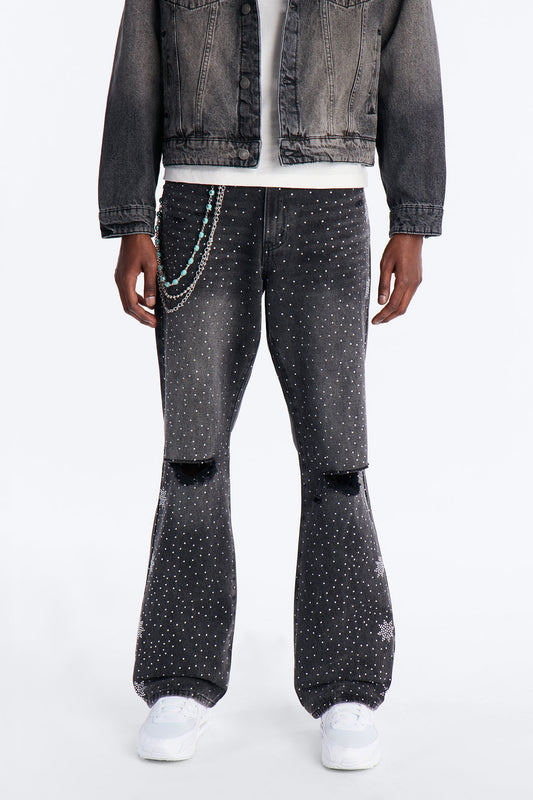 Straight Flare Static Drip Jeweled Jean - Black Wash Fashion Nova