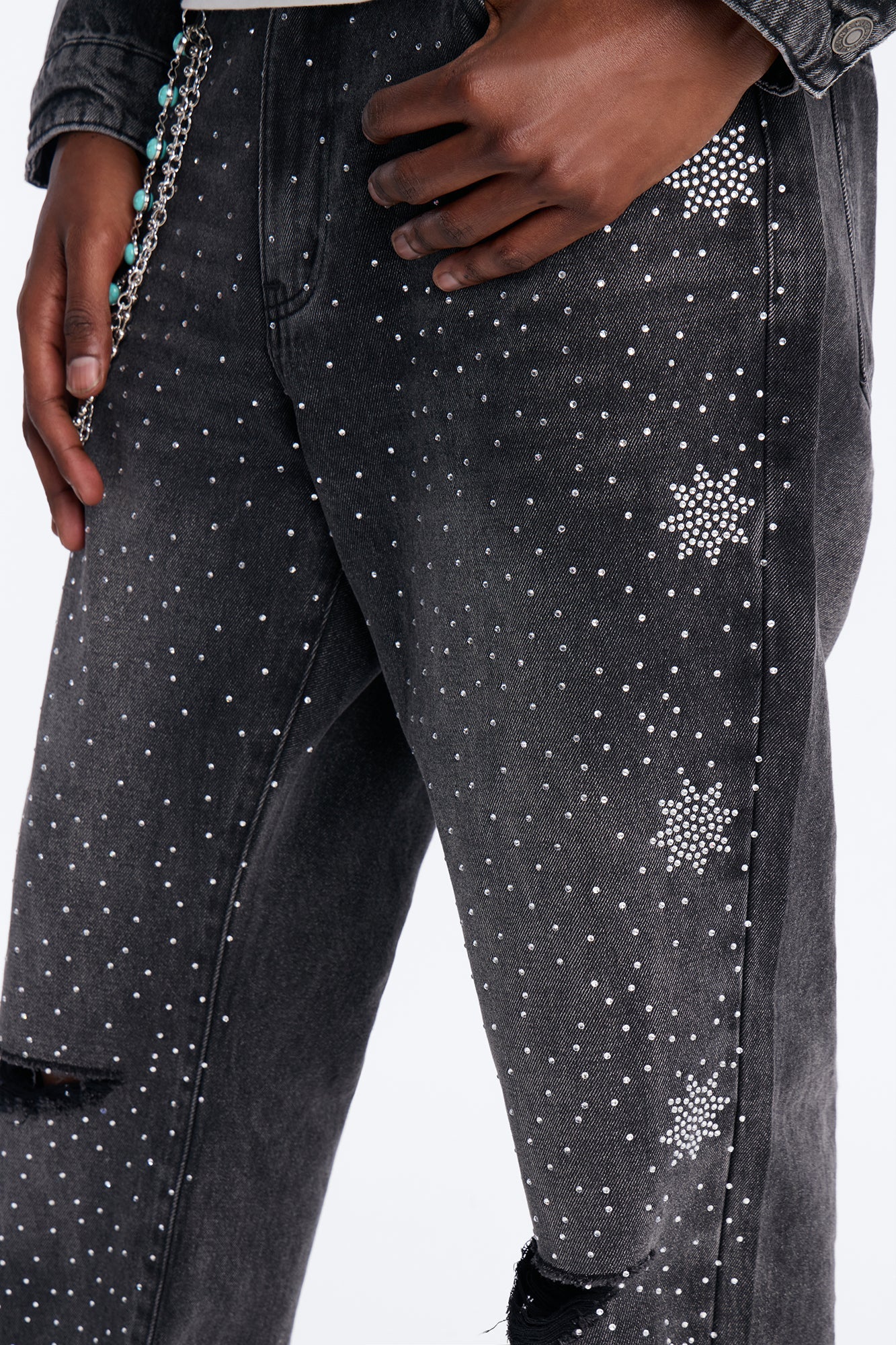 Straight Flare Static Drip Jeweled Jean - Black Wash Fashion Nova
