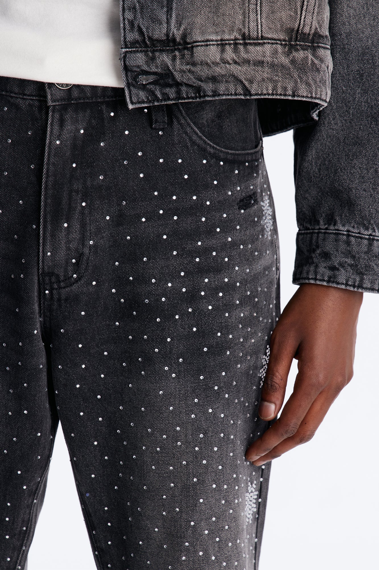 Straight Flare Static Drip Jeweled Jean - Black Wash Fashion Nova