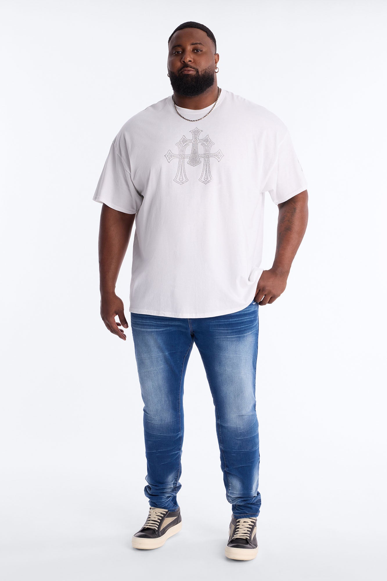 Three Crosses Rhinestones Oversized Short Sleeve Tee - White Fashion Nova