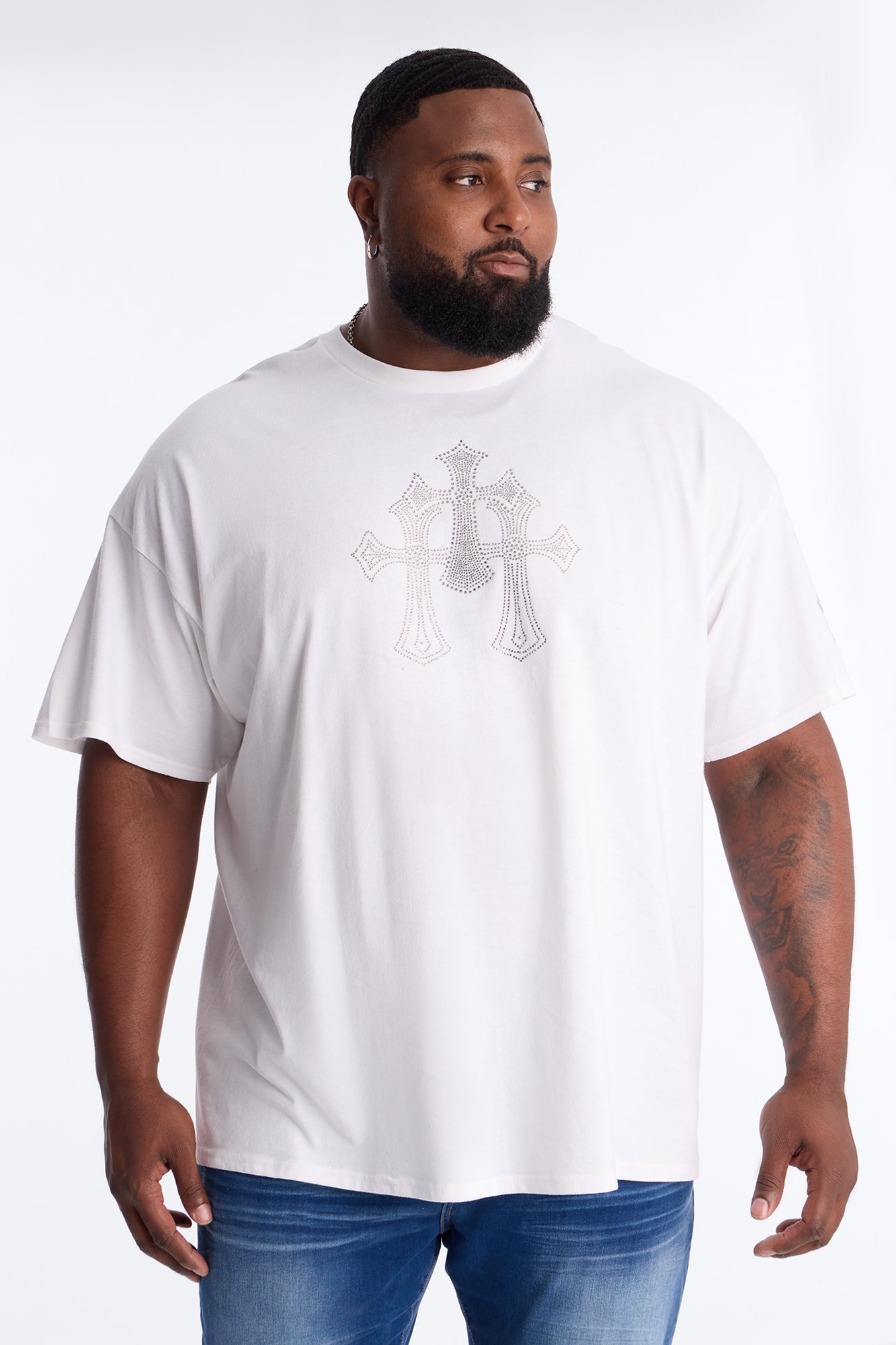 Three Crosses Rhinestones Oversized Short Sleeve Tee - White Fashion Nova
