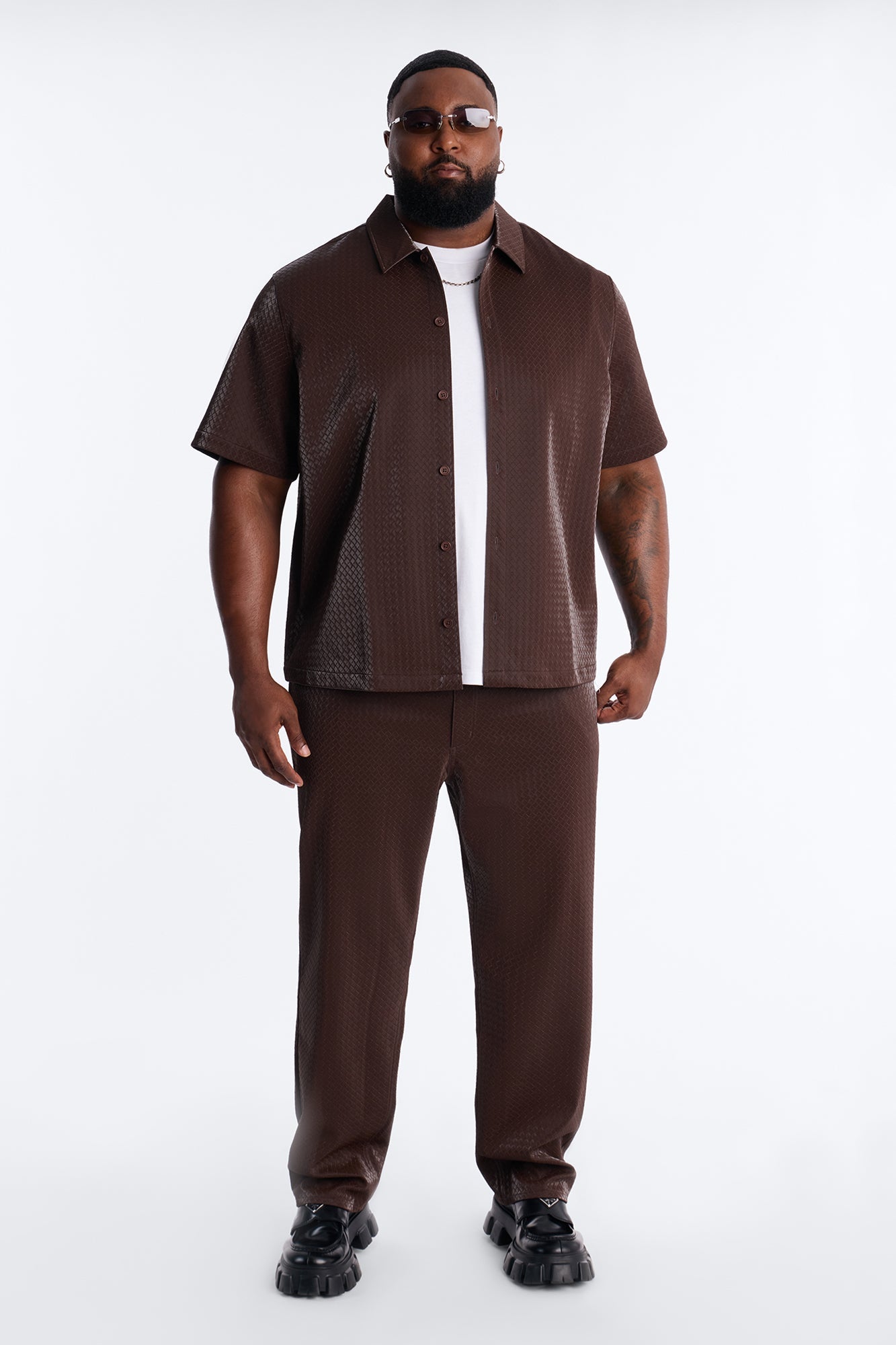 Tisse Textured Faux Leather Button Up Shirt - Brown Fashion Nova