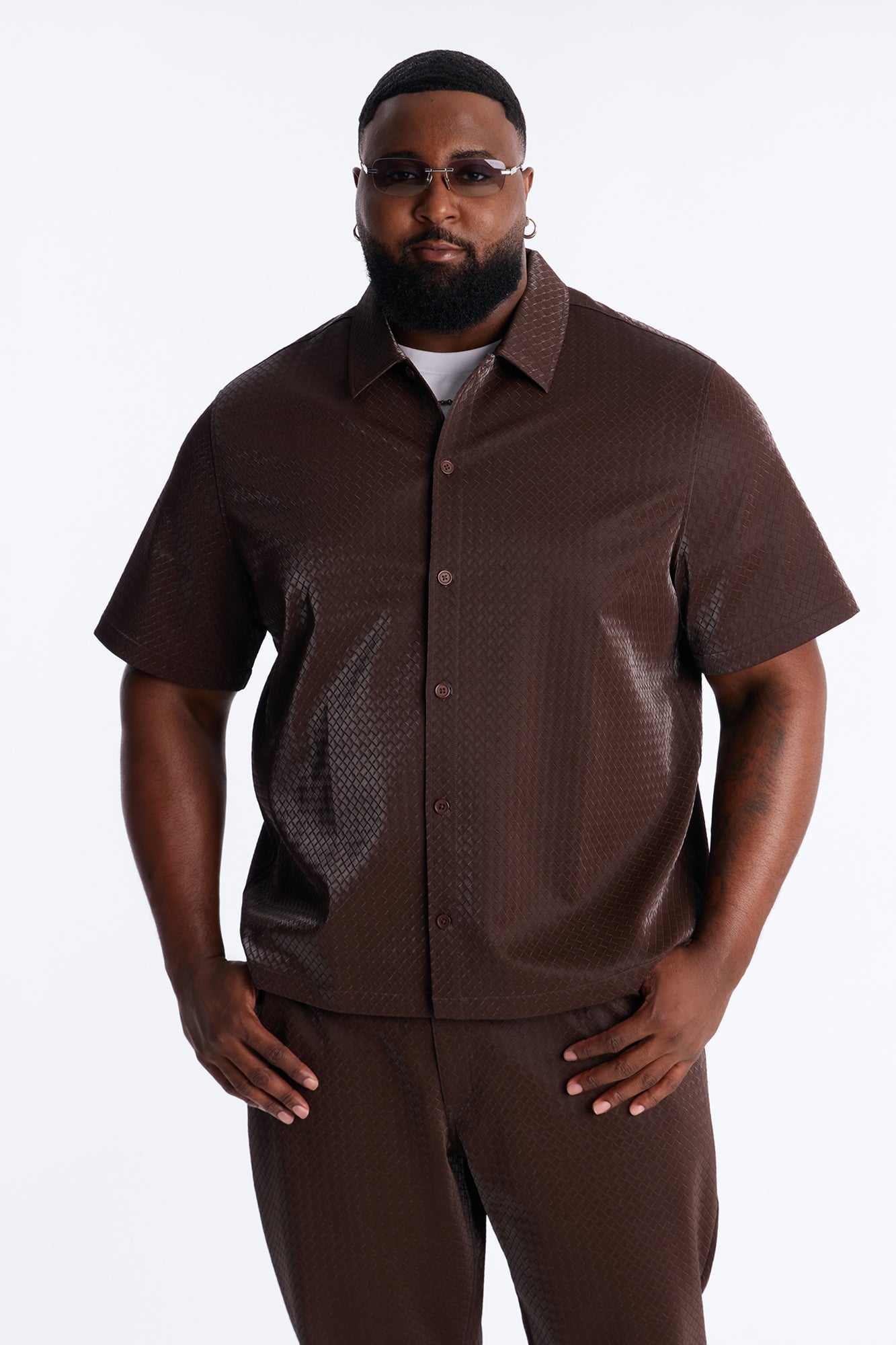 Tisse Textured Faux Leather Button Up Shirt - Brown Fashion Nova