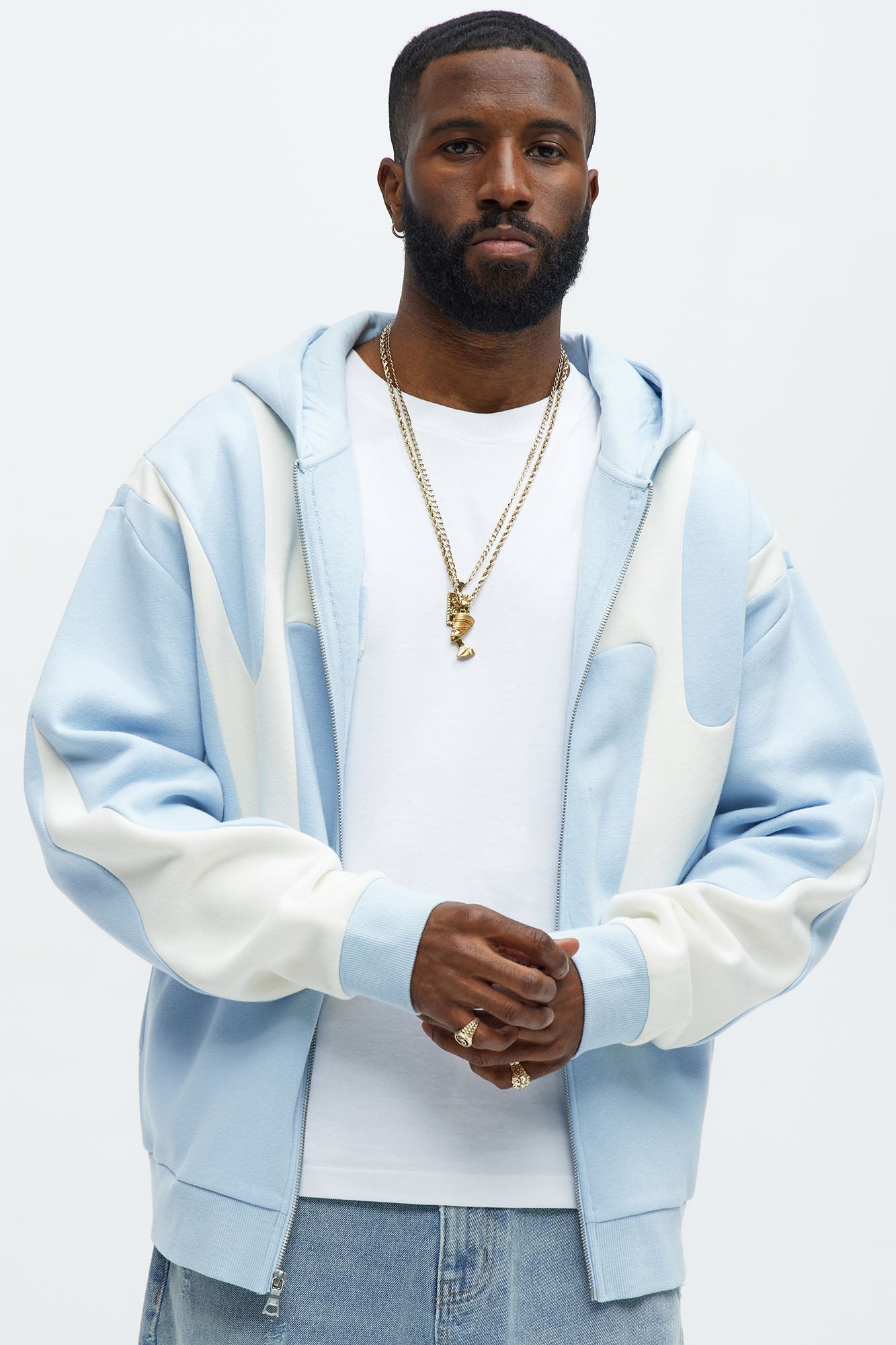 Tyson Oasis Paneled Zip Up Hoodie - Blue/combo Fashion Nova