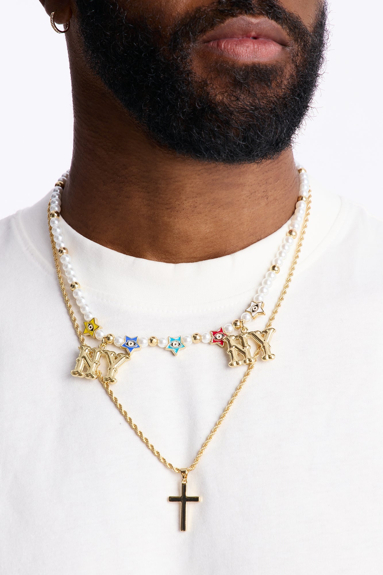 NY Pearl Charm And Layered Cross Pendant Necklace Set - Gold Fashion Nova
