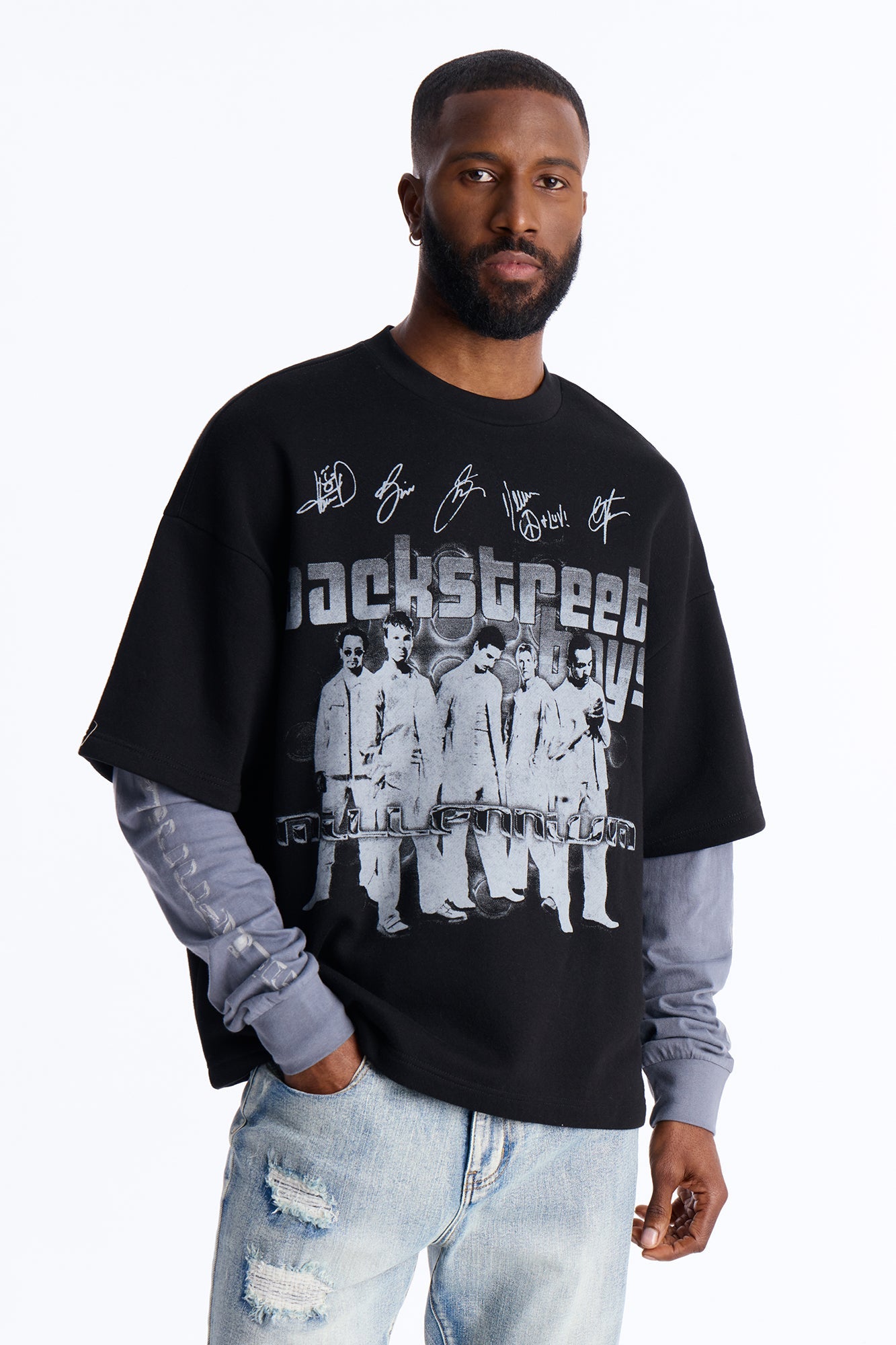 Backstreet Boys Larger Than Life Oversized Fleece Twofer - Black Wash Fashion Nova