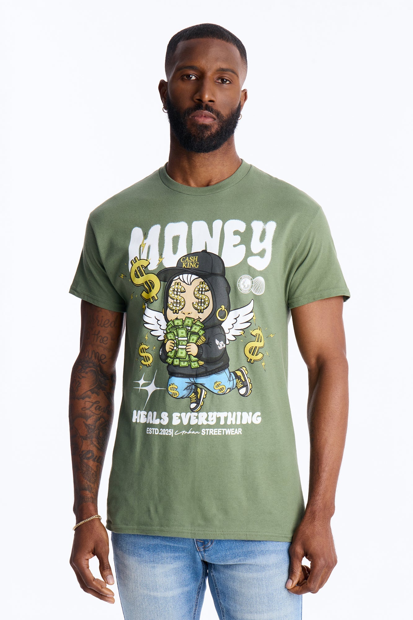 Money Heals Everything Short Sleeve Tee - Olive Fashion Nova