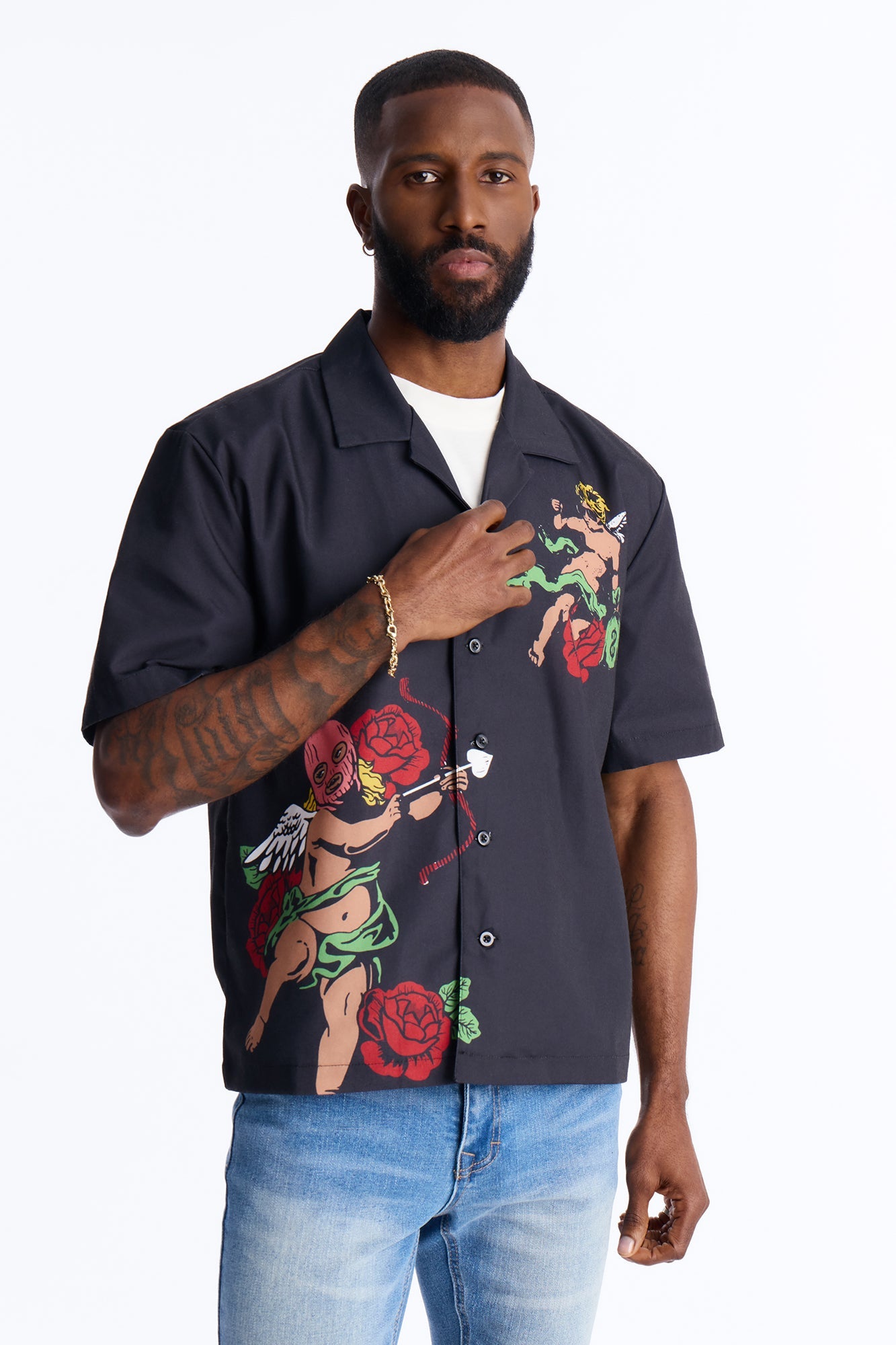 Rose Angel Street Cuban Collar Shirt - Black Fashion Nova