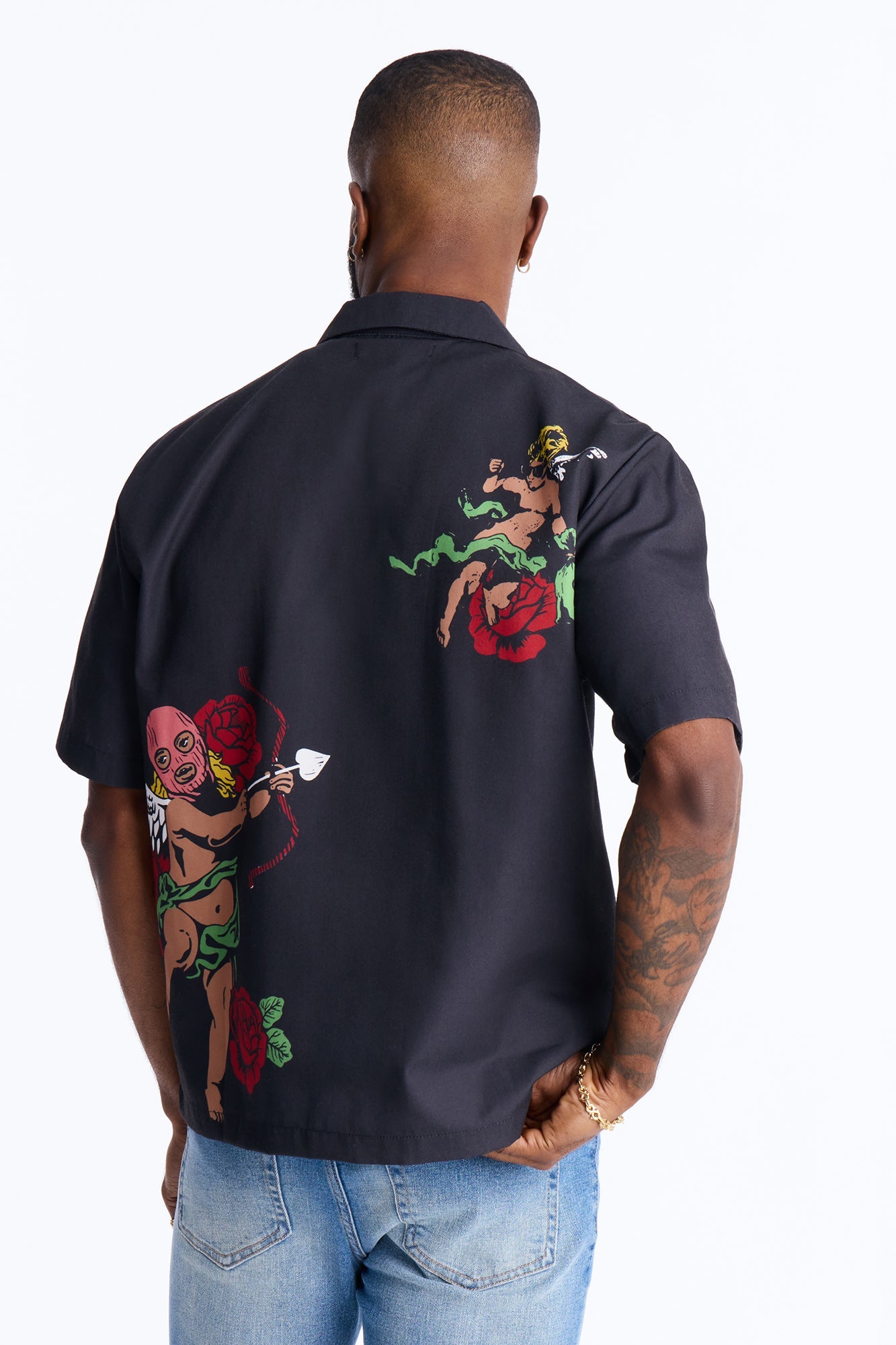 Rose Angel Street Cuban Collar Shirt - Black Fashion Nova