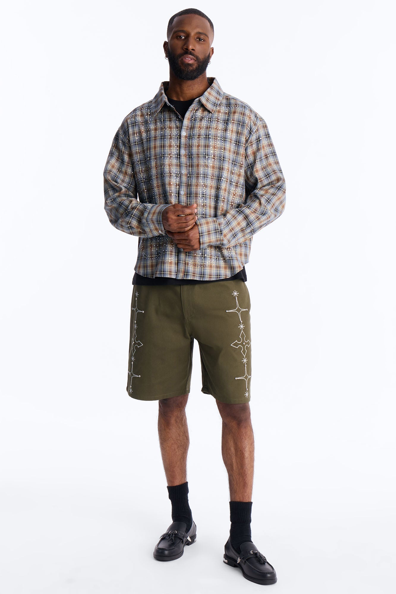 Relaxed Vatican City Stitched Embellished Short - Olive Fashion Nova