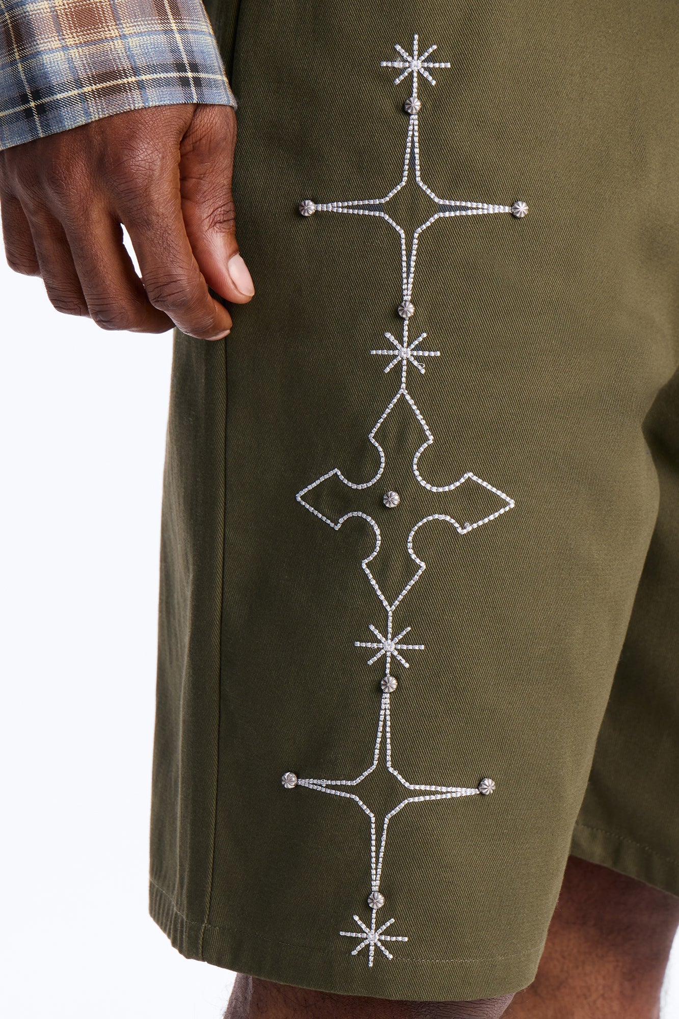 Relaxed Vatican City Stitched Embellished Short - Olive Fashion Nova