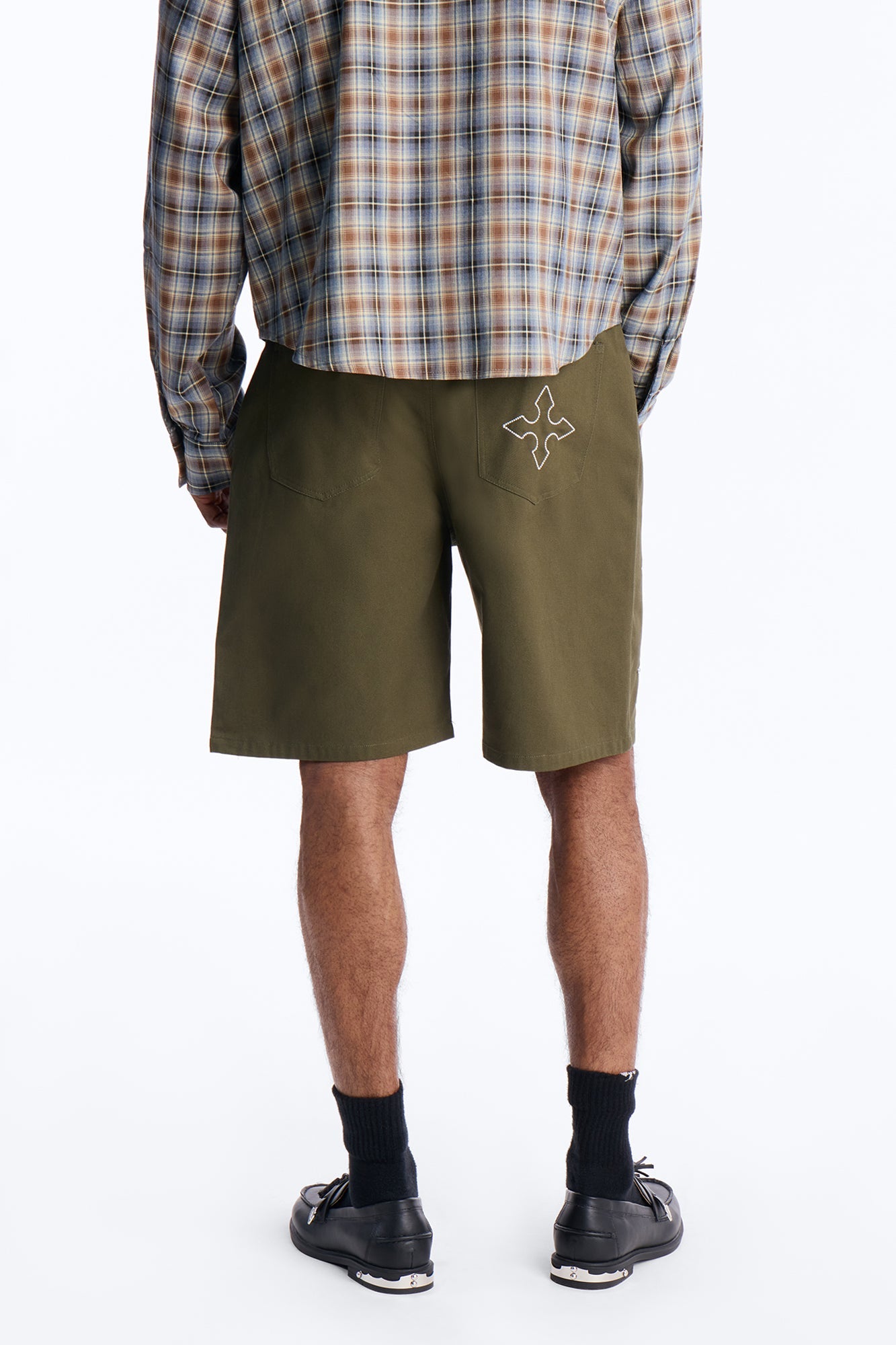 Relaxed Vatican City Stitched Embellished Short - Olive Fashion Nova