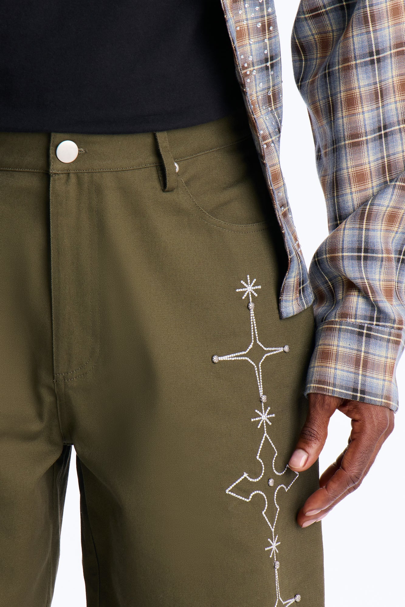 Relaxed Vatican City Stitched Embellished Short - Olive Fashion Nova