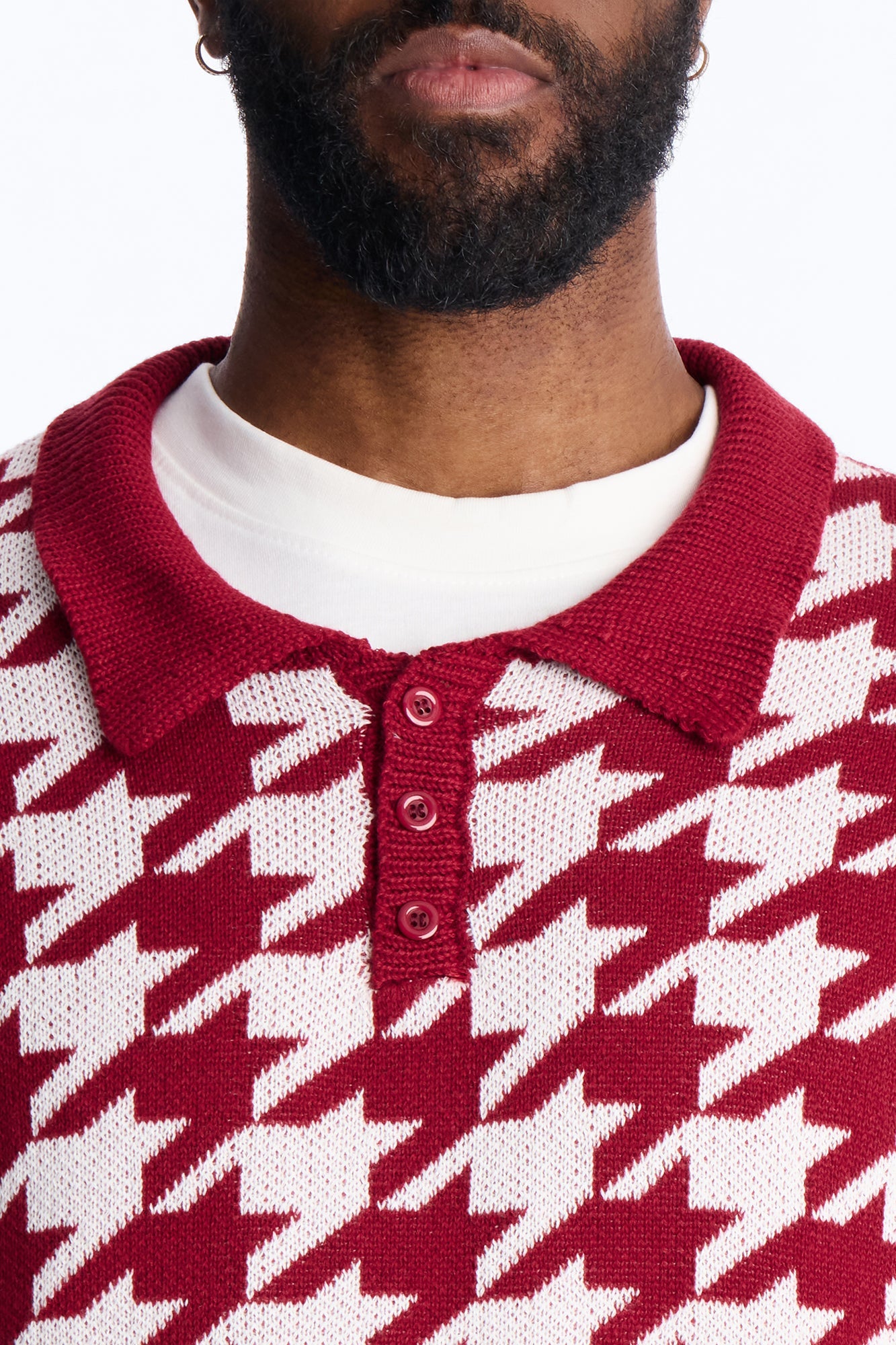 Houndstooth Short Sleeve Knitted Polo - Burgundy Fashion Nova
