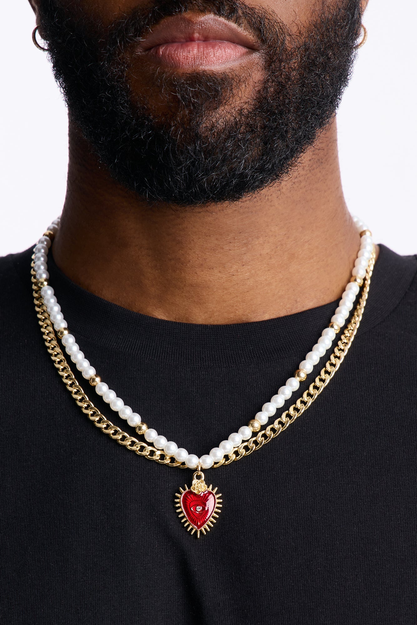 Sacred Heart Pearl And Cuban Necklace Set - Gold Fashion Nova