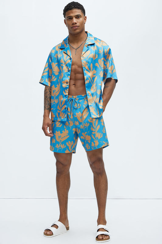 Bloom Off Printed Cuban Collar Shirt - Blue/combo Fashion Nova