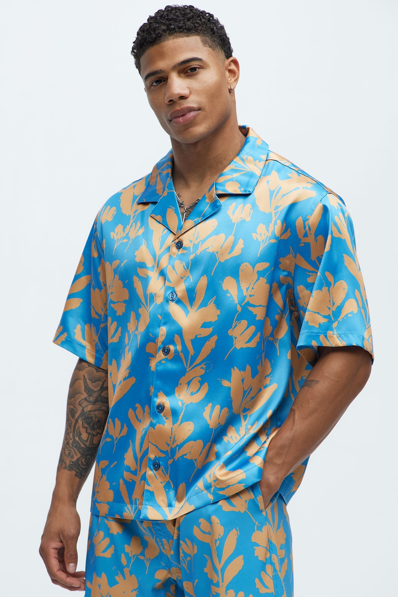 Bloom Off Printed Cuban Collar Shirt - Blue/combo Fashion Nova