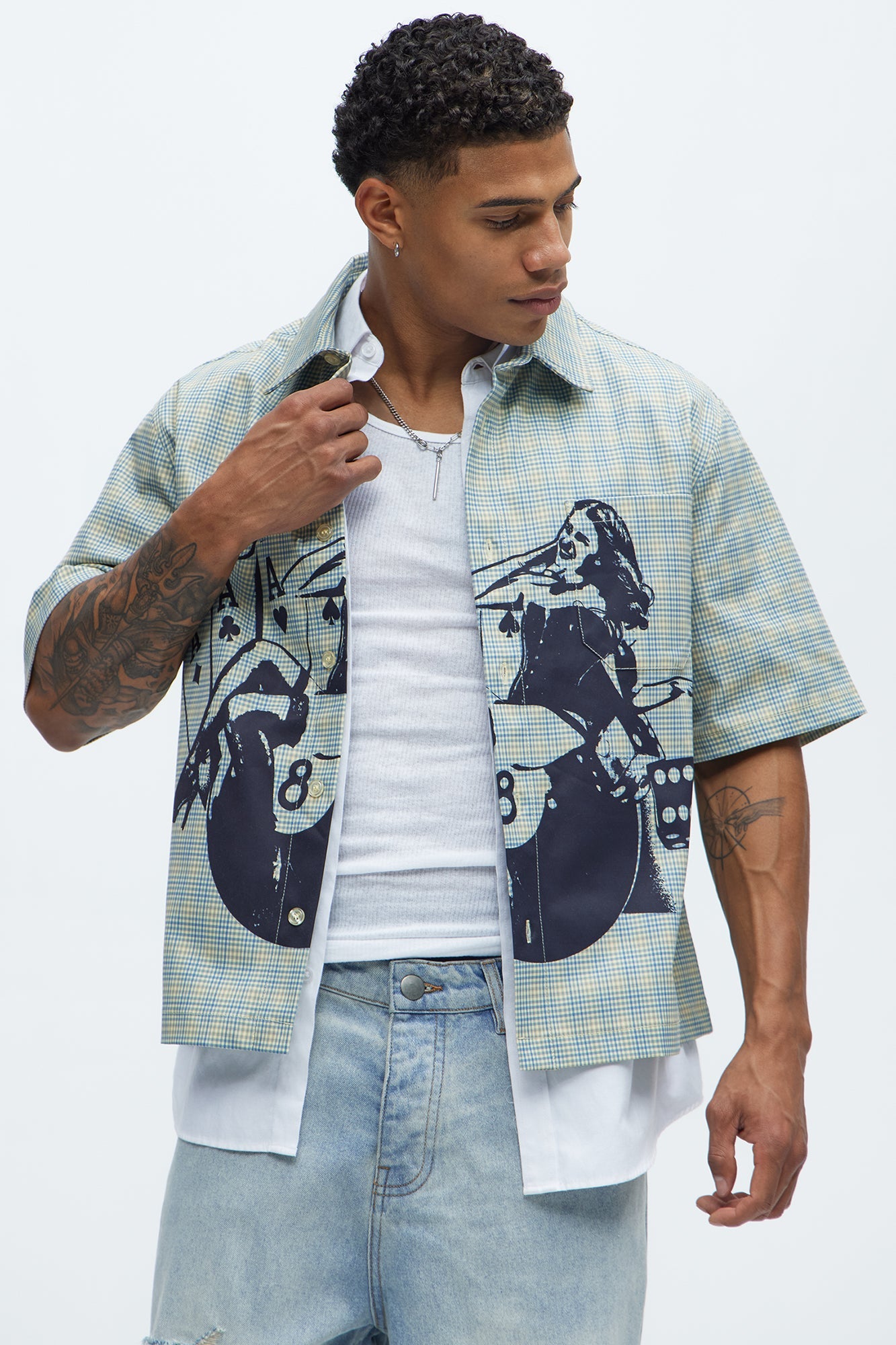 Cropped Pin Up Graphic Button Up Shirt - Green/combo Fashion Nova