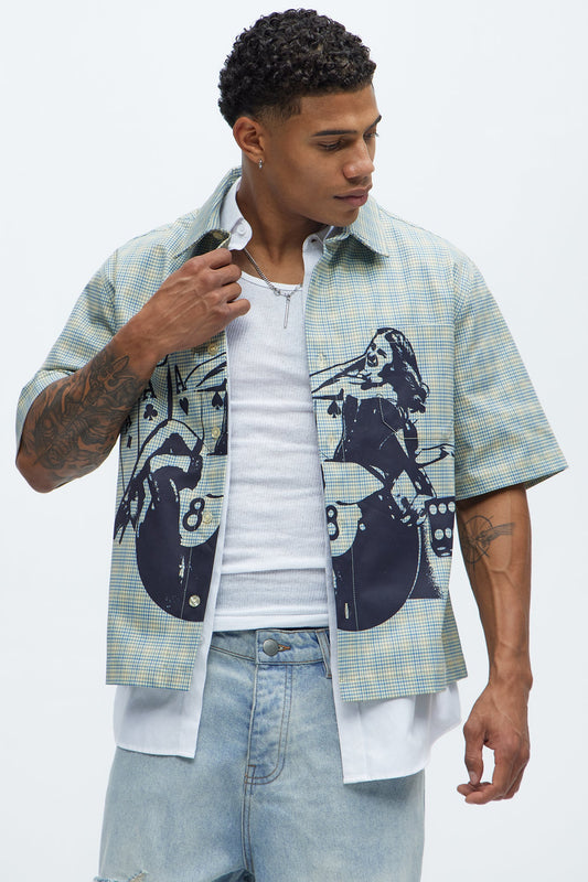Cropped Pin Up Graphic Button Up Shirt - Green/combo Fashion Nova