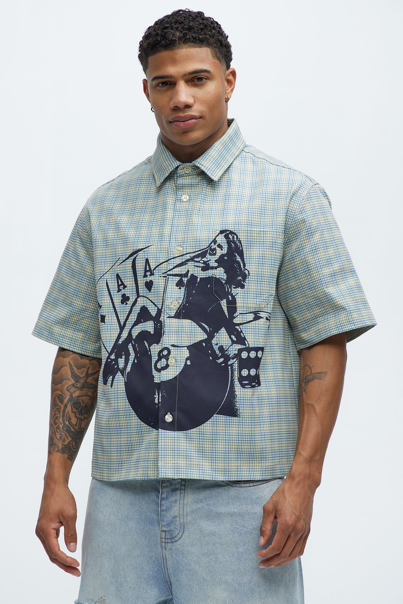 Cropped Pin Up Graphic Button Up Shirt - Green/combo Fashion Nova