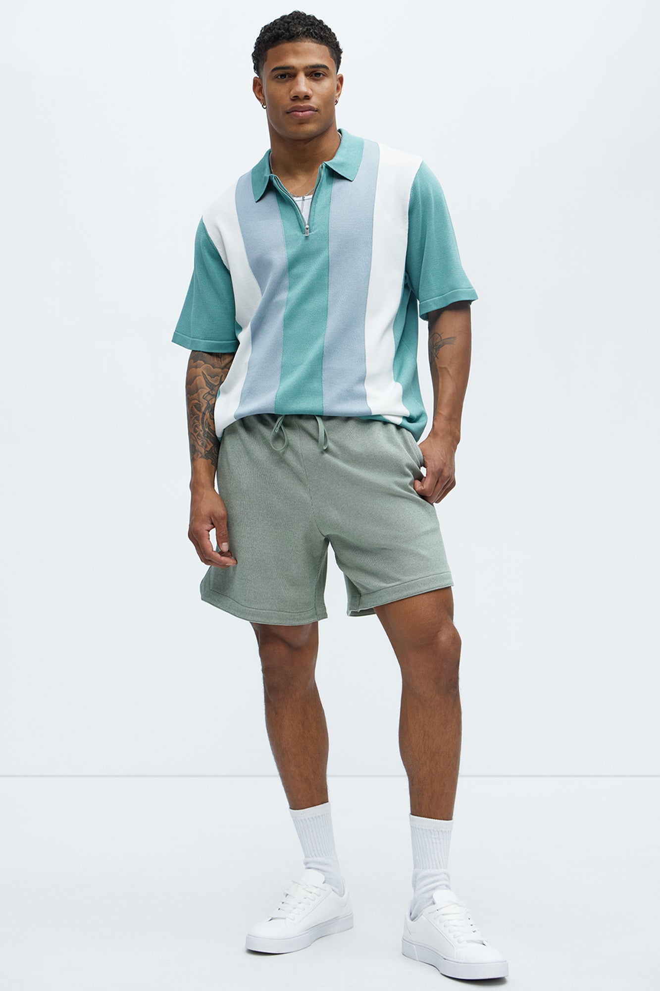 Brady Striped Knit Zip Polo - Sage/combo Fashion Nova