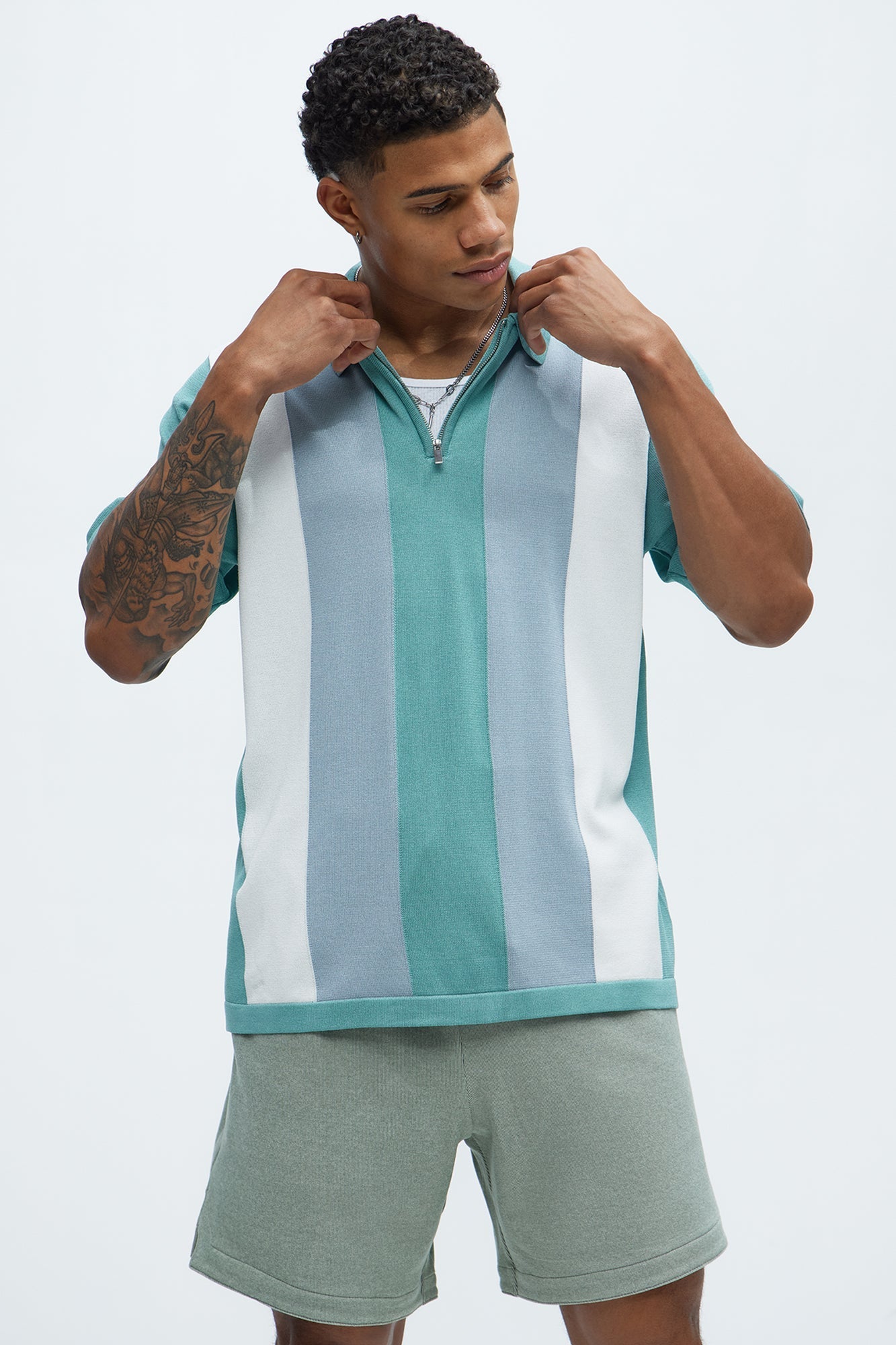 Brady Striped Knit Zip Polo - Sage/combo Fashion Nova