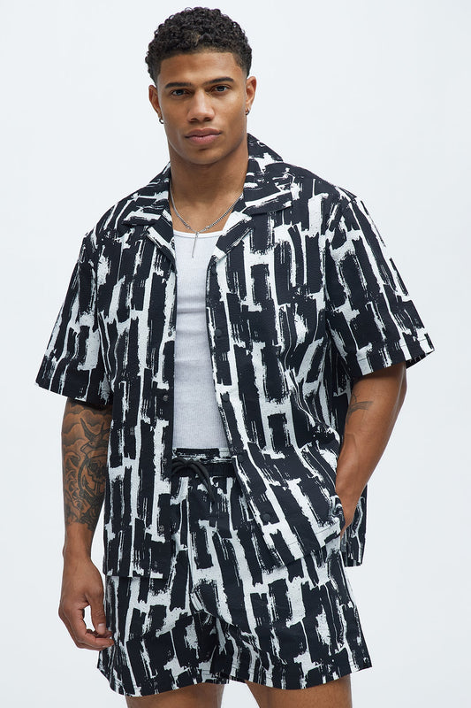 Seersucker Printed Short Sleeve Cuban Collar Shirt - Black/combo Fashion Nova