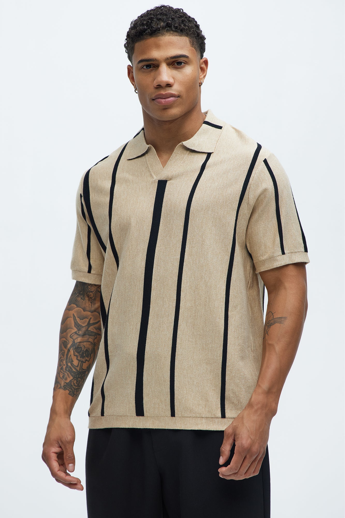 Orson Striped Knit Johnny Collar Sweater Polo - Tan/Multi Fashion Nova
