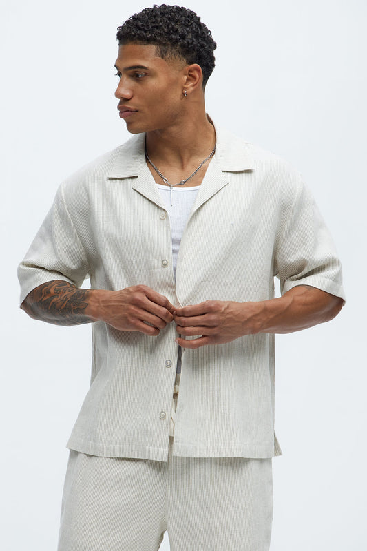 Twill Stripe Slim Button Up - Taupe Fashion Nova