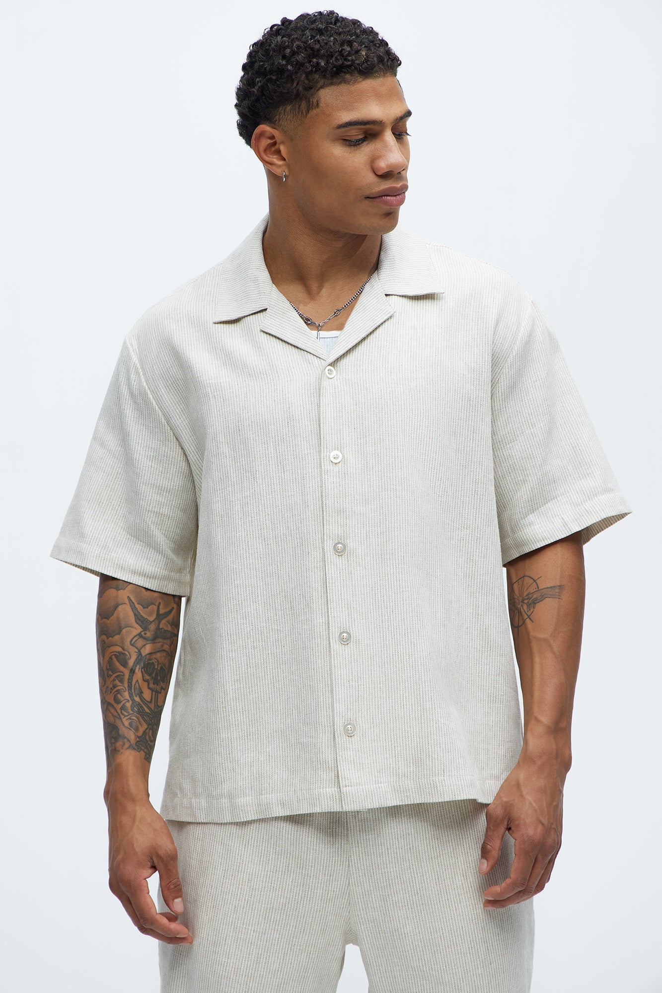 Twill Stripe Slim Button Up - Taupe Fashion Nova