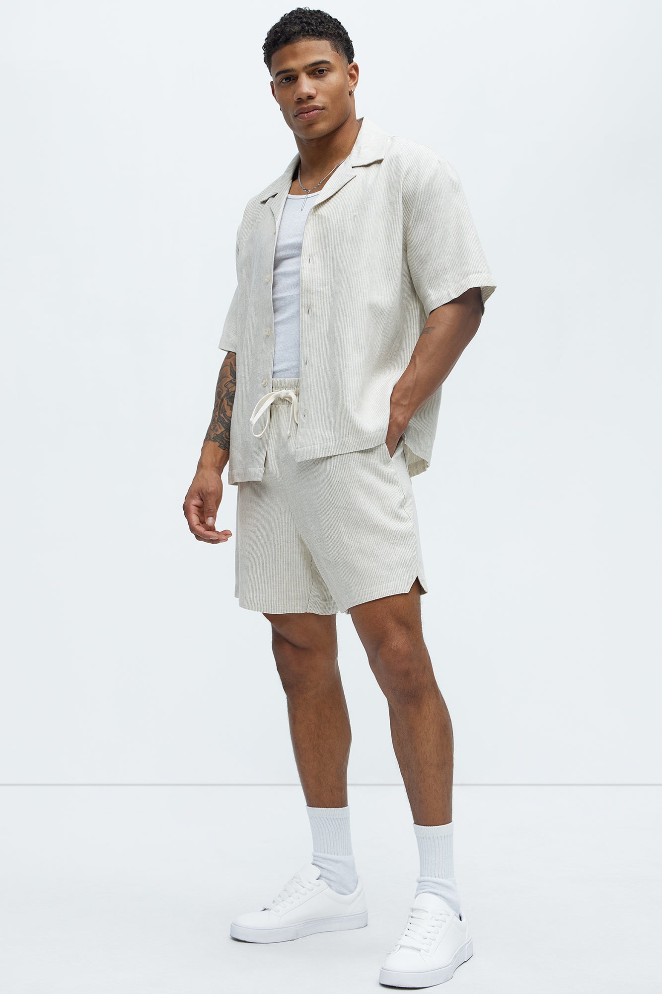 Twill Stripe Linen Shorts - Taupe/combo Fashion Nova