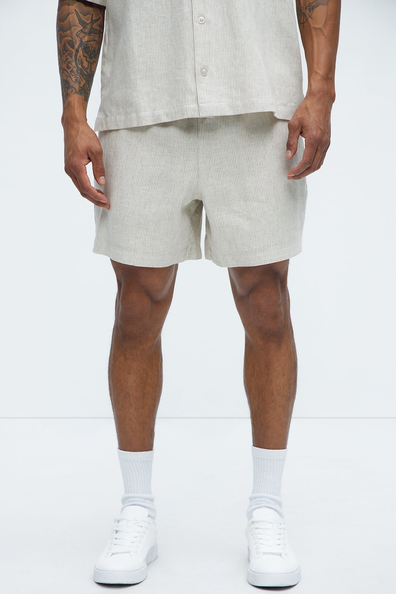 Twill Stripe Linen Shorts - Taupe/combo Fashion Nova