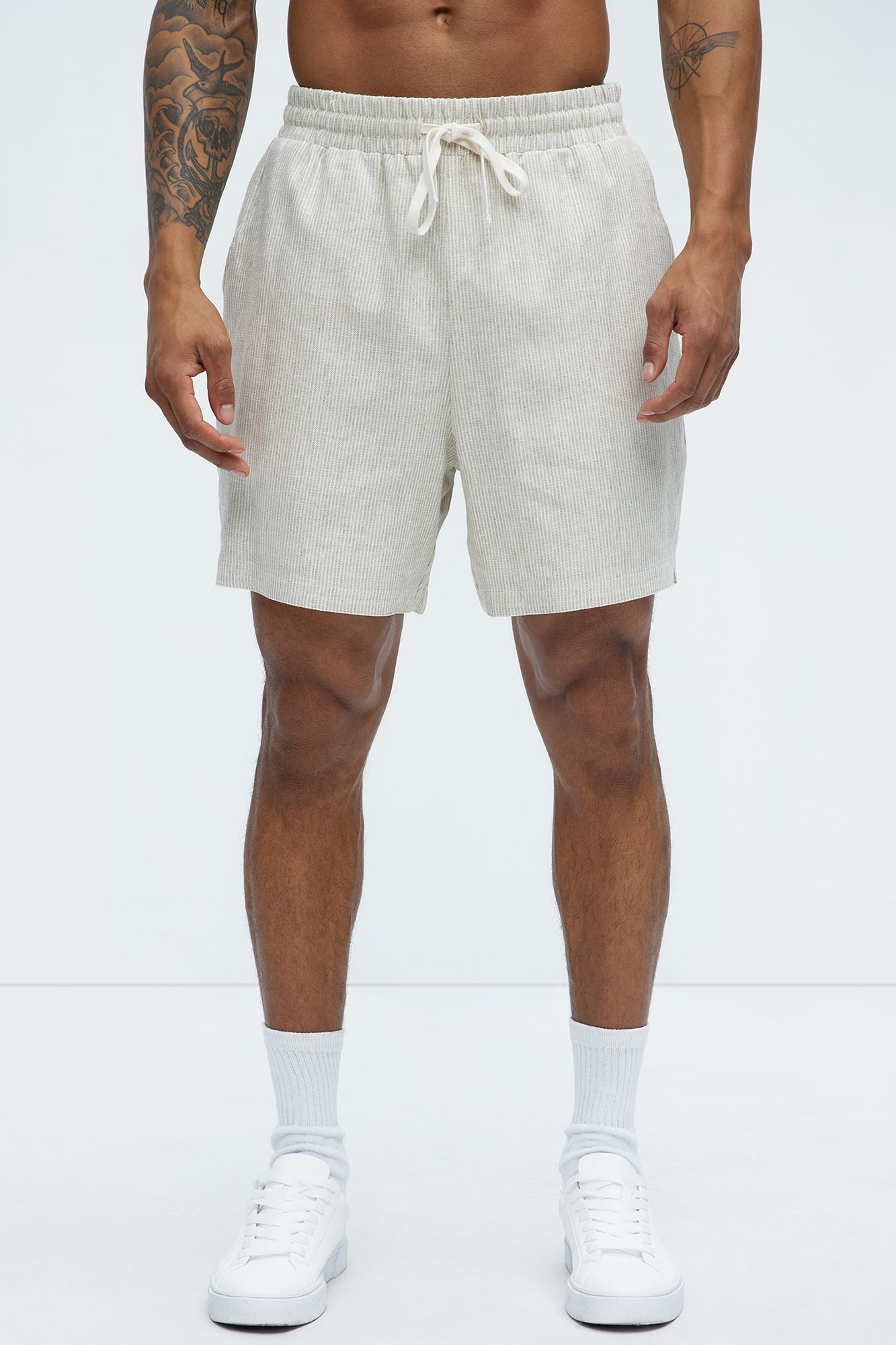 Twill Stripe Linen Shorts - Taupe/combo Fashion Nova