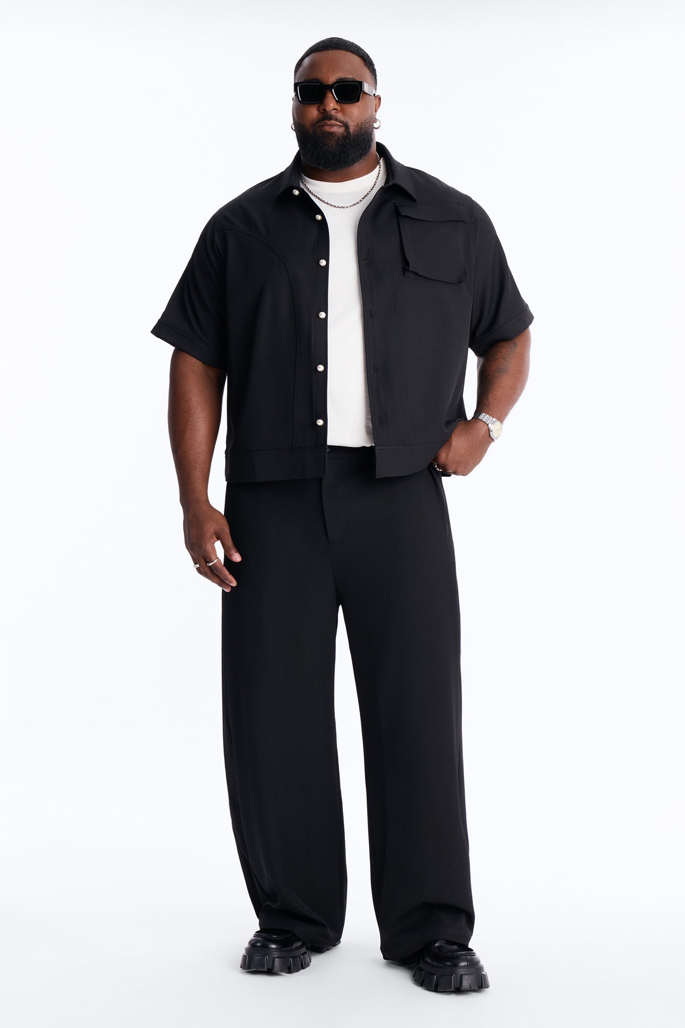 Pearl Paneled Utility Button Up Shirt - Black Fashion Nova